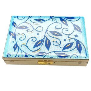 Vintage Gold & Blue Guilloche Enamel Pill Box with Swirl & Leaf Design and Insid